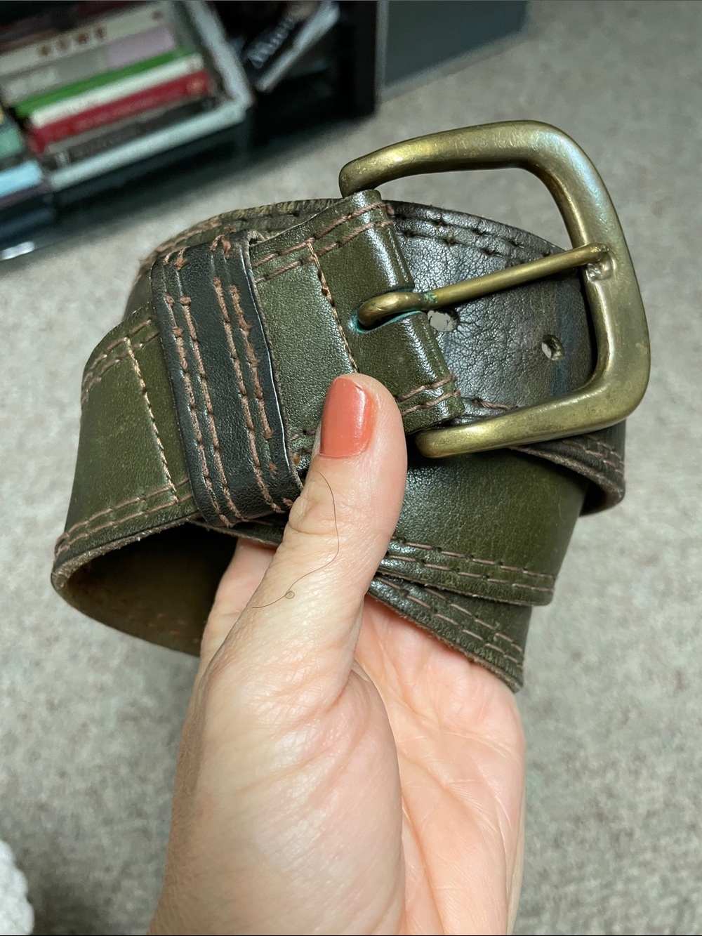 Vintage Olive Green Leather Belt with Brass Buckle